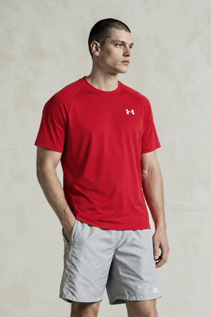 AI model photo - Under Armour Mens Tech Short Sleeve T-Shirt Red/White 1228539-600