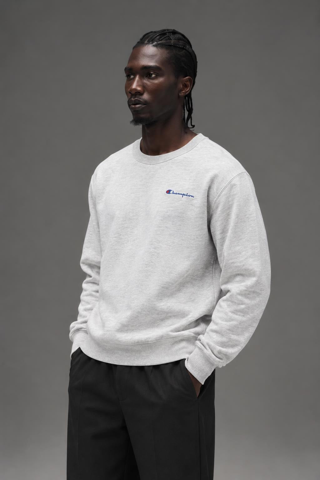AI model photo - Champion Powerblend Fleece Crew Script Logo Oatmeal Heather GF88H Y08160 K74
