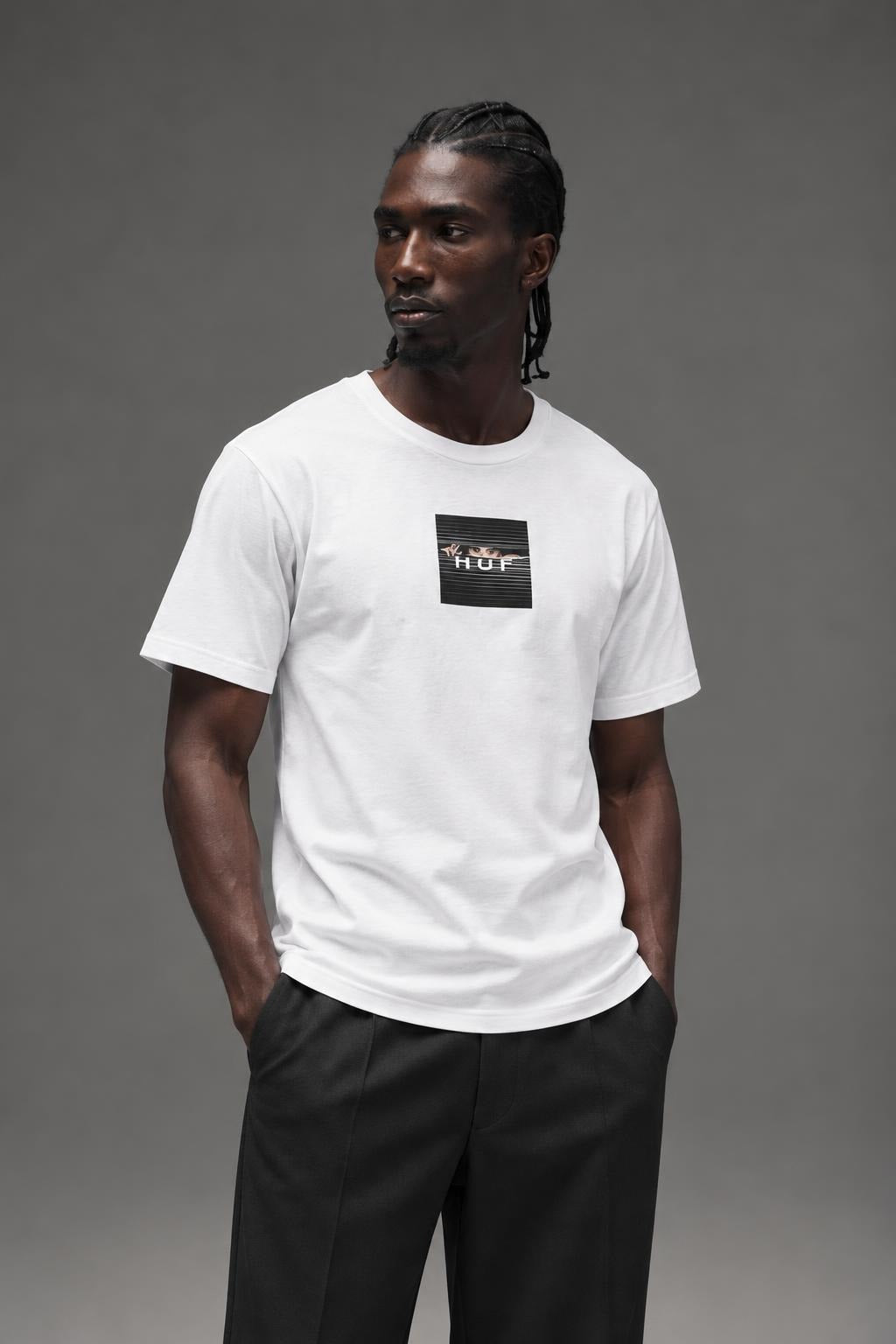 AI model photo - HUF Voyeur Logo Short Sleeve T-Shirt White TS01175