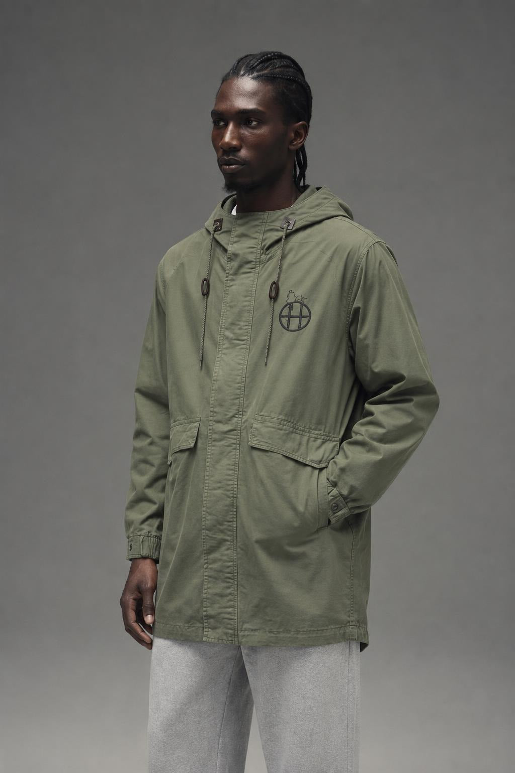 AI model photo - HUF UF Spike Scrawl Parka Olive JK64010