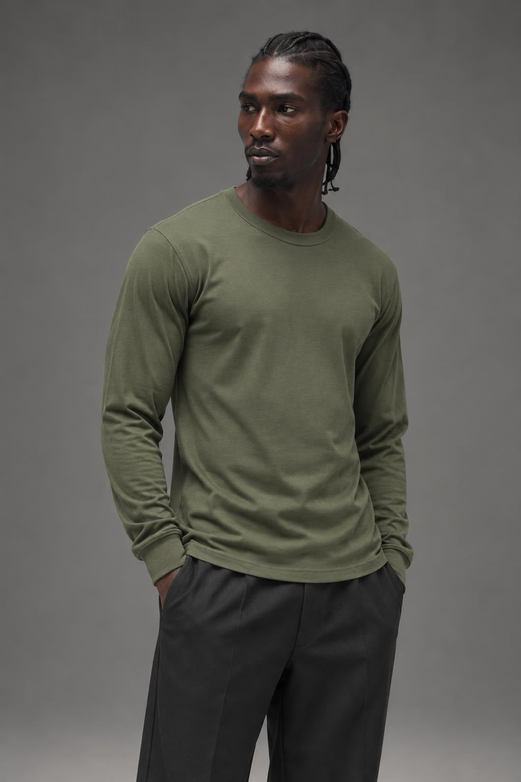 AI model photo - Rothco Long Sleeve Solid T-Shirt Olive Drab 60118 60119