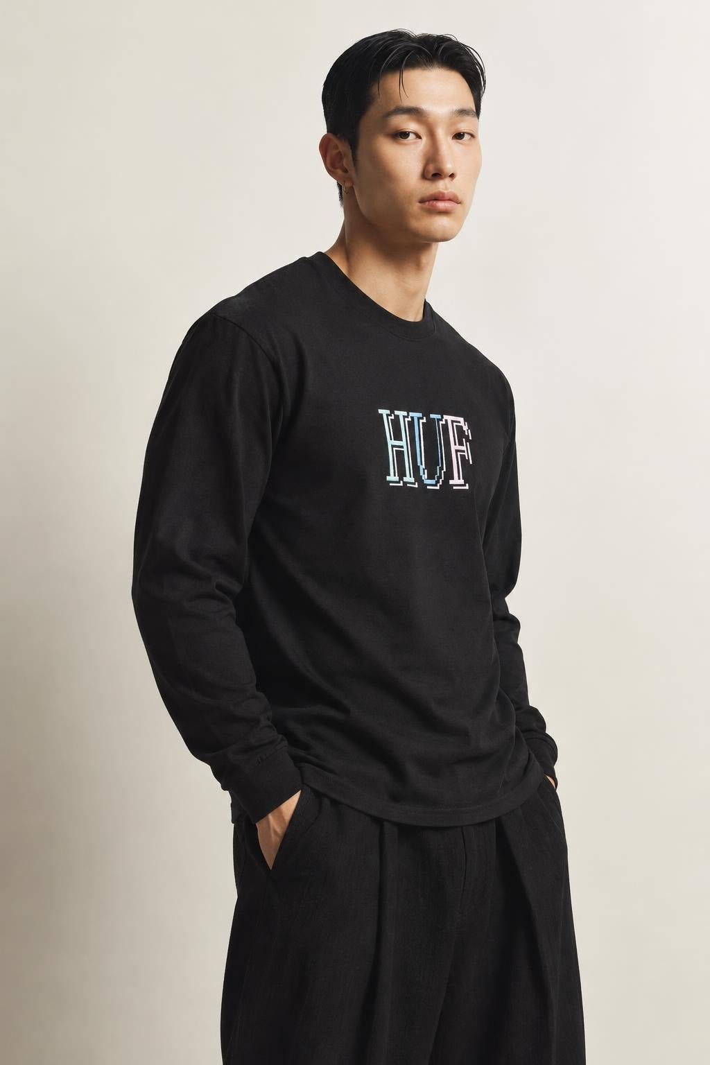 AI model photo - HUF Mens 8-Bit L/S Tee Black TS01490