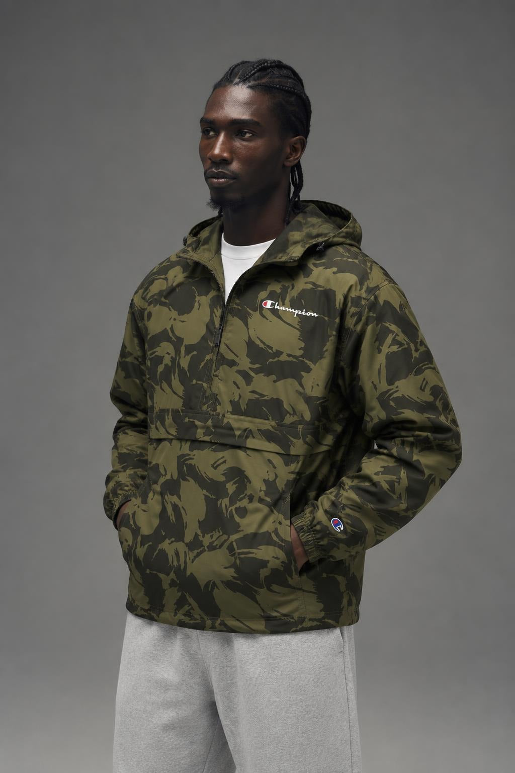 AI model photo - Champion Unisex Packable All Over Print Jacket Brushstroke Camo Cargo Olive/Army V1012P 549369