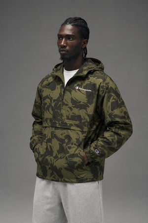 AI model photo - Champion Unisex Packable All Over Print Jacket Brushstroke Camo Cargo Olive/Army V1012P 549369