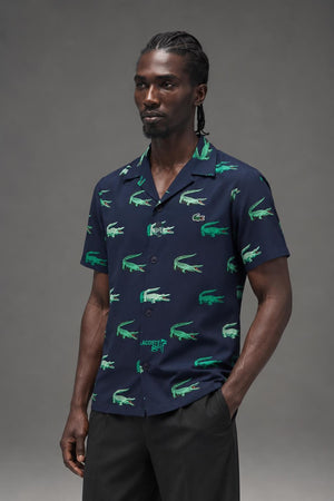 AI model photo - Lacoste Mens Golf Printed Short-Sleeved Shirt Navy Blue CH5619 166