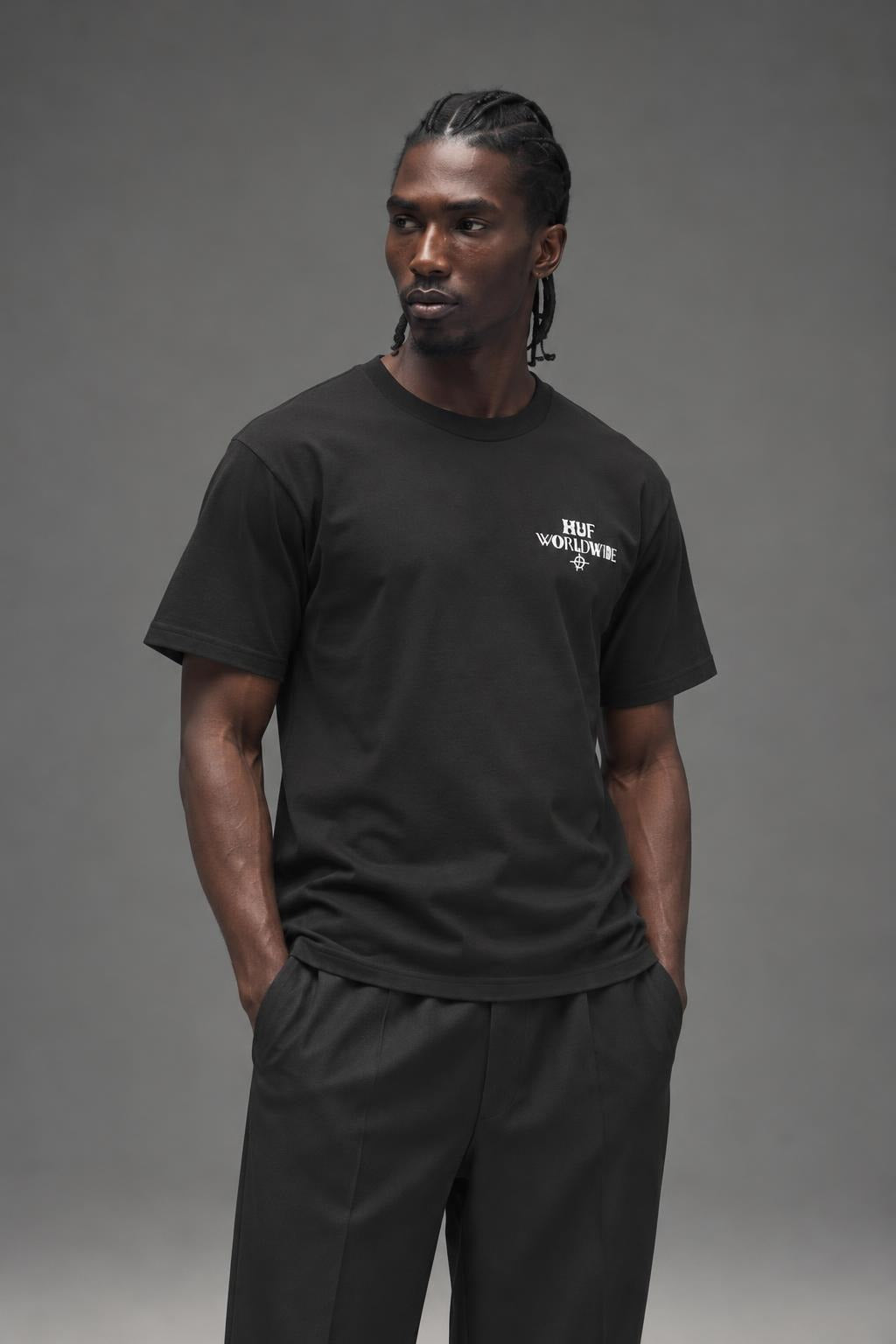 AI model photo - HUF Hoods S/S Tee Black TS01012