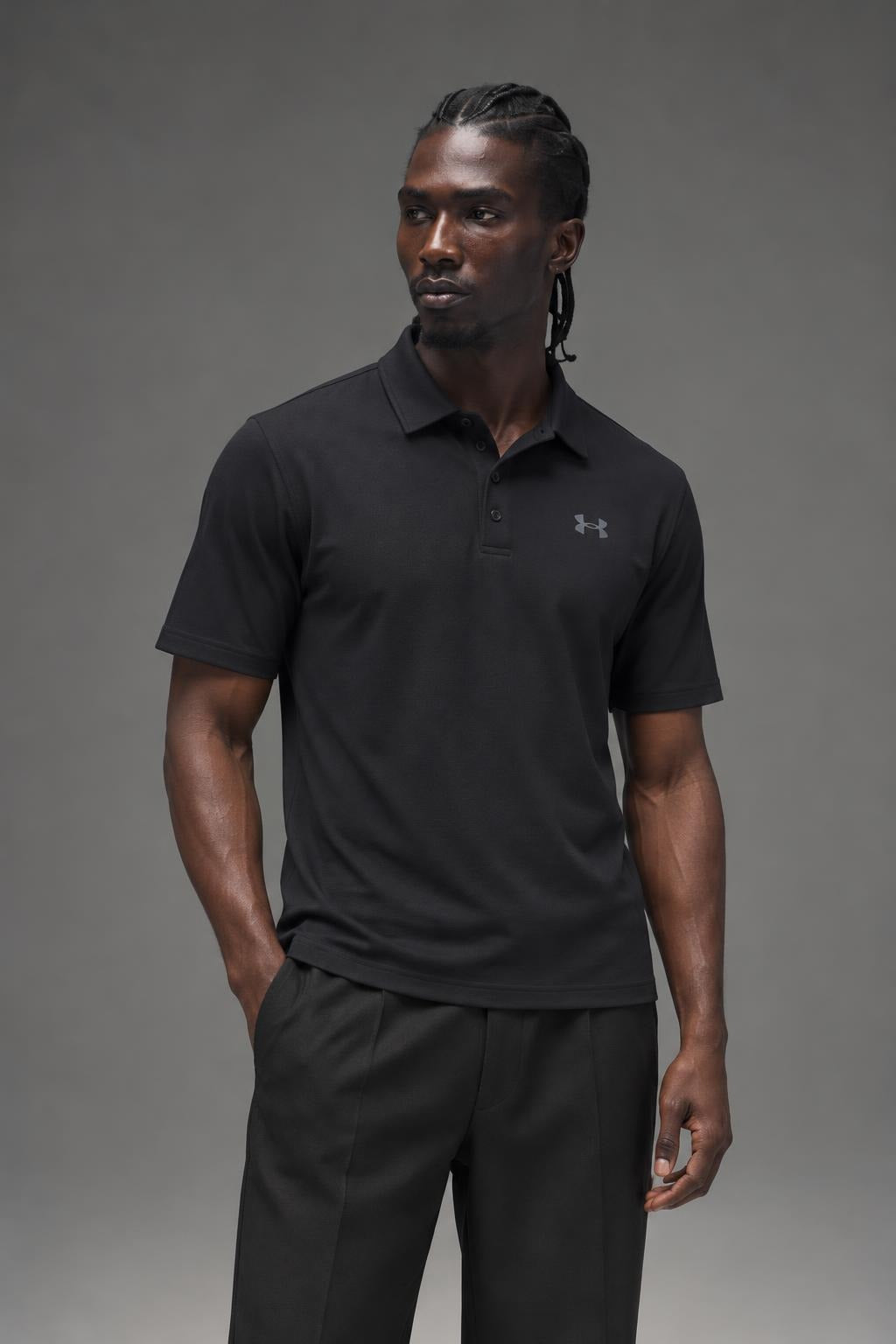 AI model photo - Under Armour Mens Playoff Golf Polo T-Shirt Black/Graphite 1253479-001