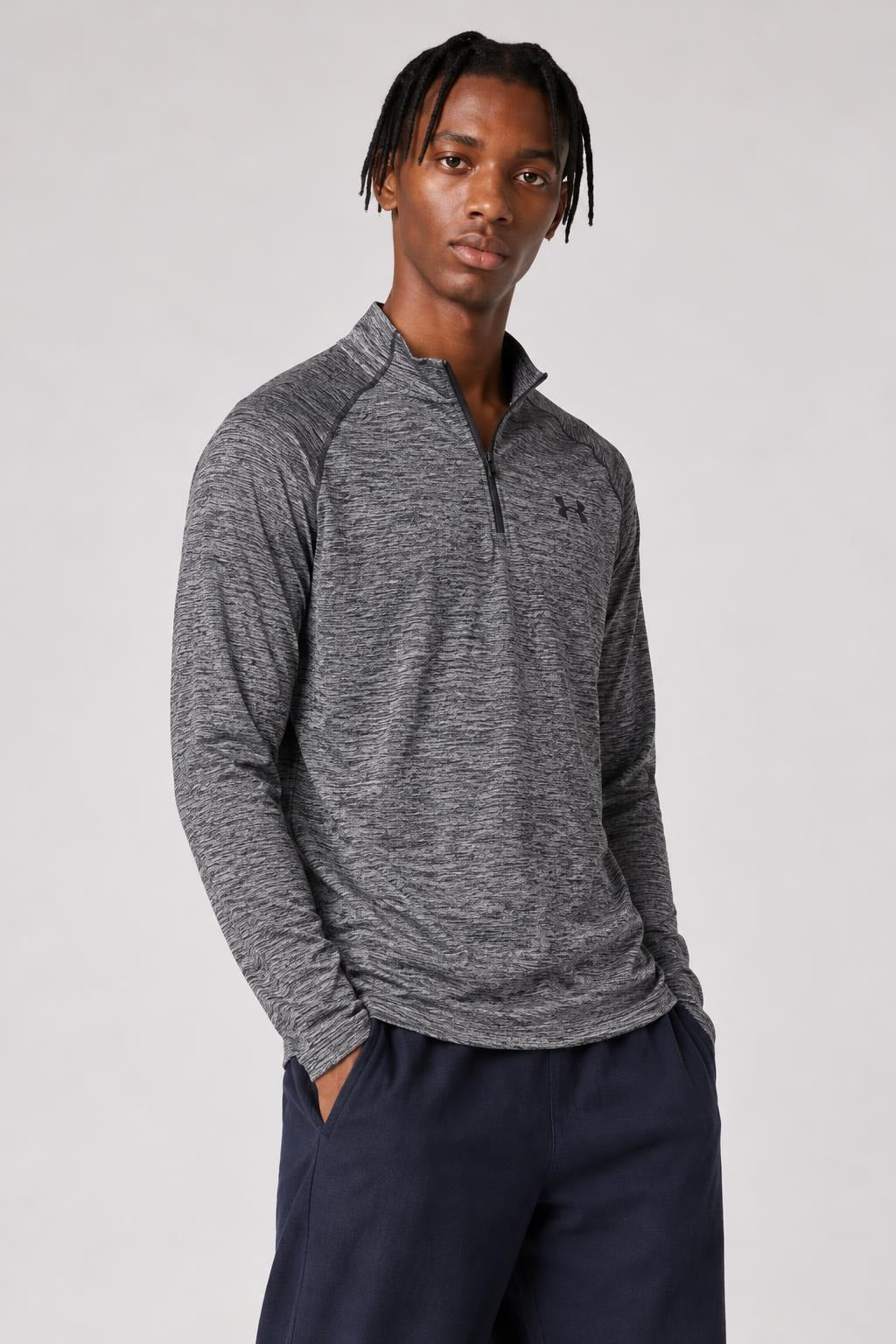 AI model photo - Under Armour Mens Tech 1/4 Zip Long Sleeve T-Shirt Black/Graphite 1242220-005