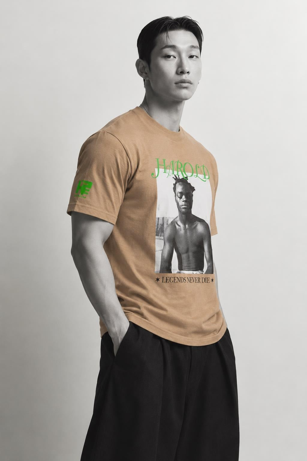 AI model photo - HUF Harold Legend S/S Tee Sand TS01373