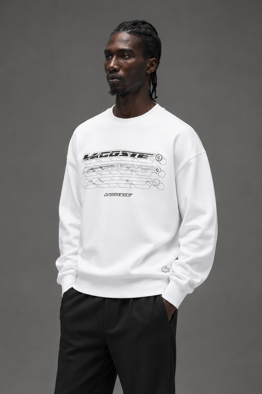 AI model photo - Lacoste Men's Loose Fit Branded Sweatshirt White SH5540 001