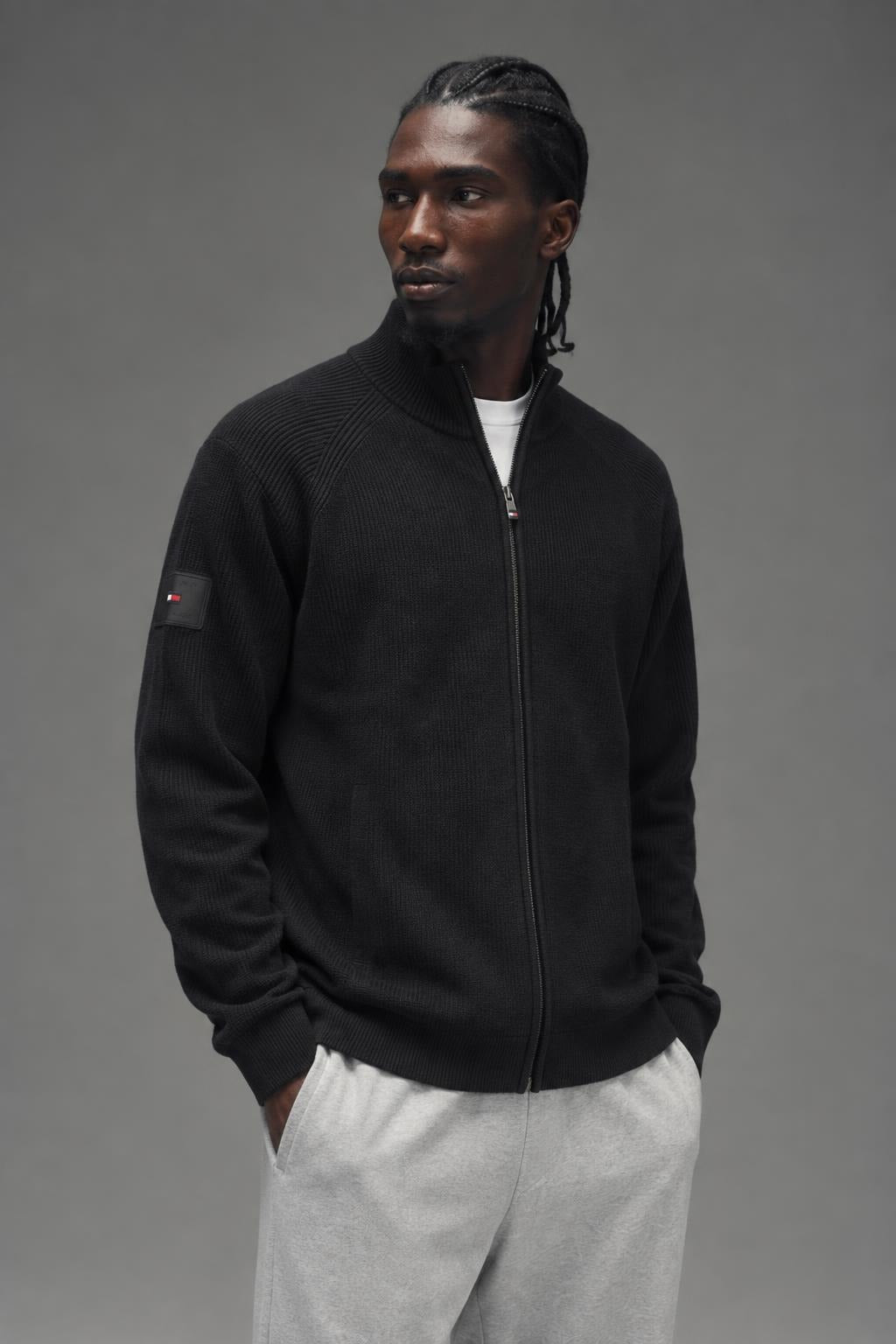 AI model photo - Tommy Hilfiger Men's Mock-Neck Cotton Zip-up Cardigan Black 78J6870 001 T2