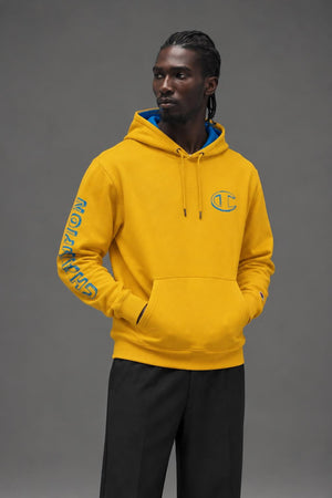 AI model photo - Champion Powerblend Fleece Graphic Hoodie Forsythia/Blue Jay GF89H 586MLA ADIN