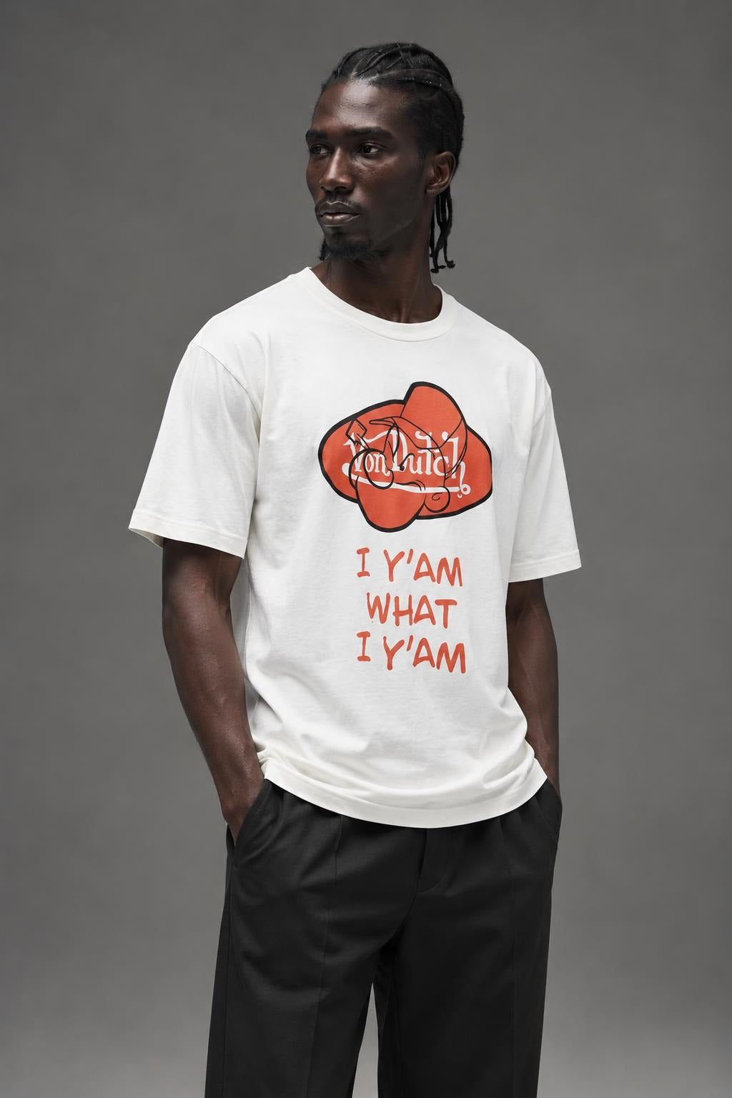 AI model photo - Von Dutch Mens Popeye Red Oval Cotton Fleece T Shirts Off White FM149V