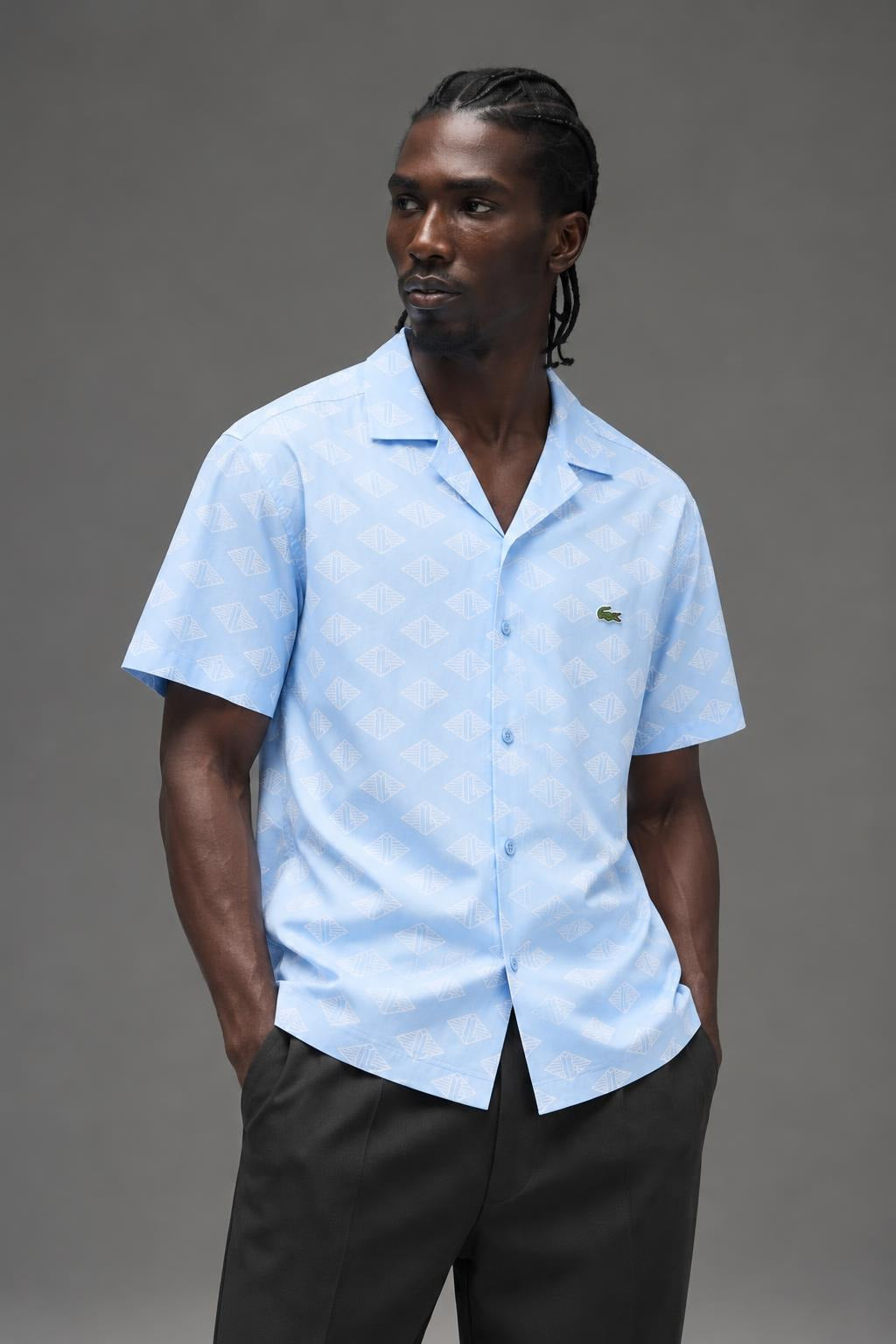AI model photo - Lacoste Mens Short Sleeve Monogram Print Shirt Overview/Flour CH7882 FV2