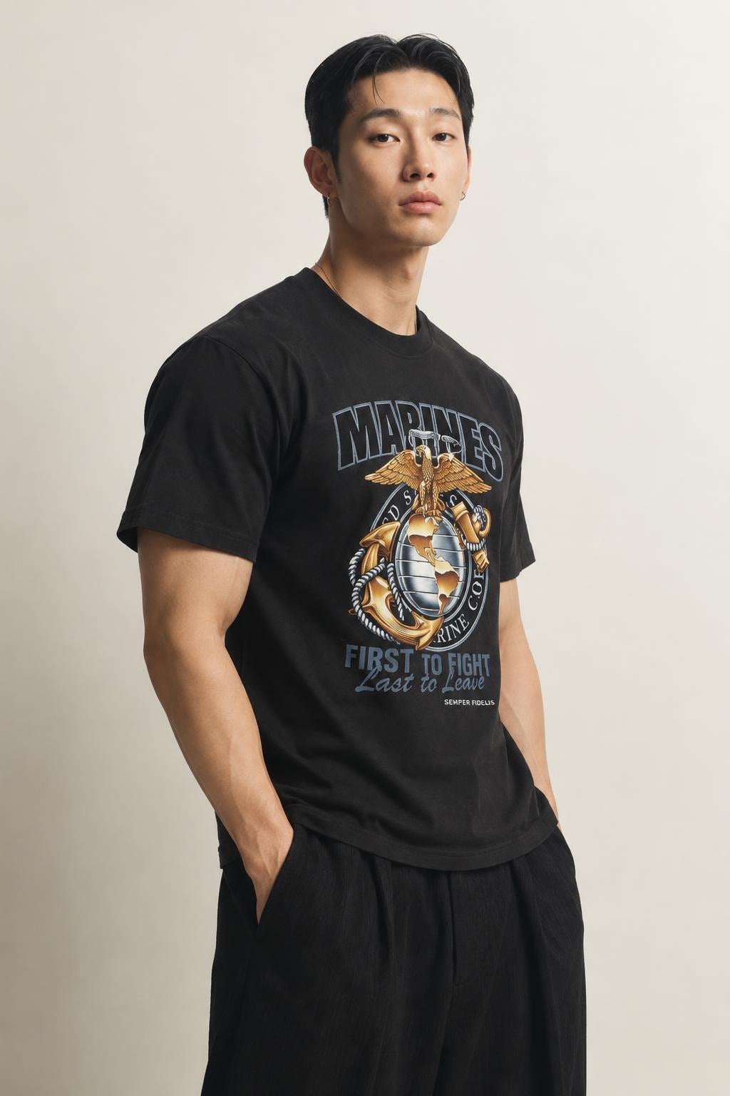 AI model photo - Rothco Black Ink Marines First To Fight T-Shirt Black 80280 80281