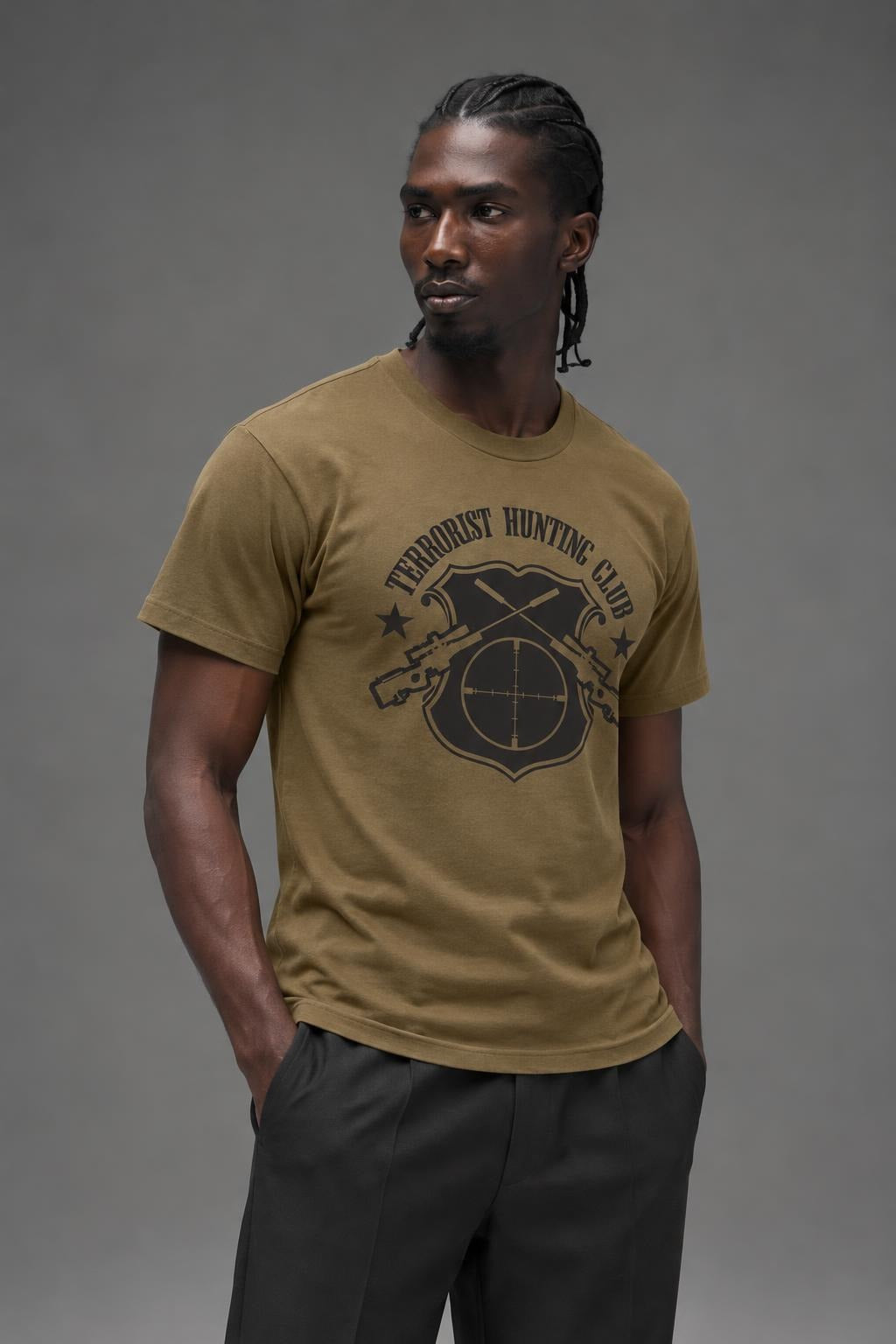 AI model photo - Rothco 'Terrorist Hunting Club' T-Shirt Coyote Brown 61570 61571