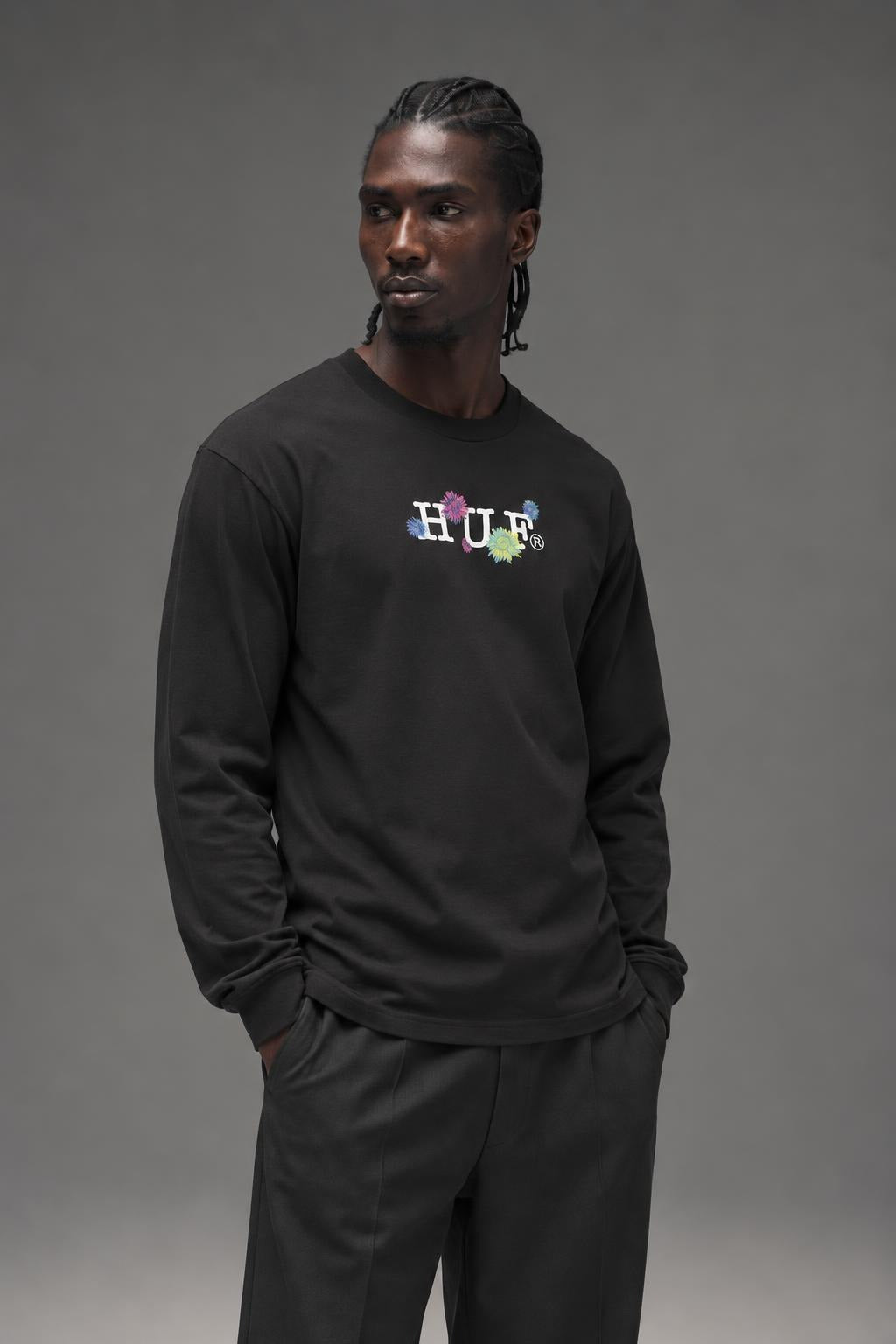 AI model photo - HUF Psycho Daisies Long Sleeve T-Shirt Black TS01158