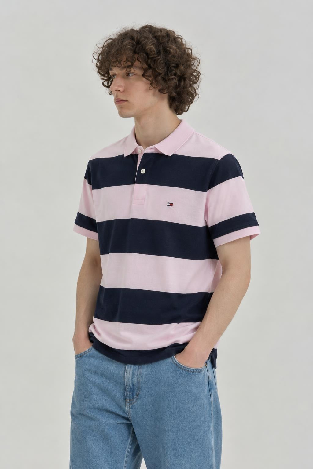 AI model photo - Tommy Hilfiger Men's Rugby Stripe Regular Polo Custom Fit T-Shirt Light Pink 78J5019 650