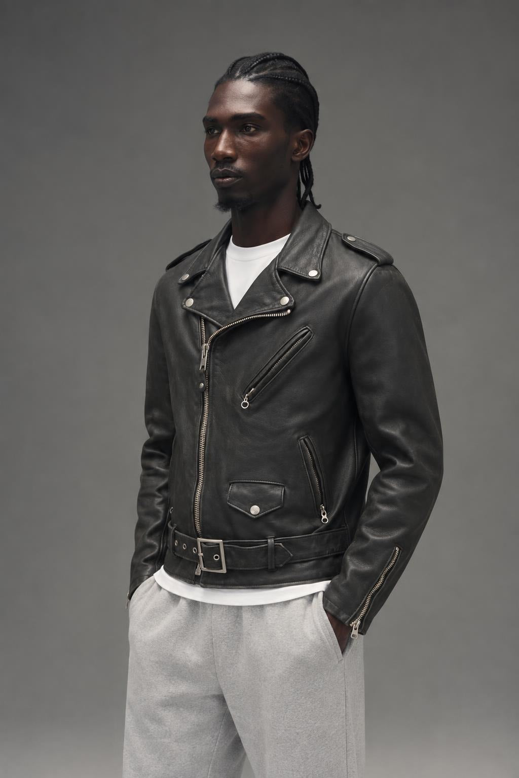 AI model photo - Schott NYC Vintaged Lightweight Waxy Cowhide Fitted Motorcycle Jacket 626VN