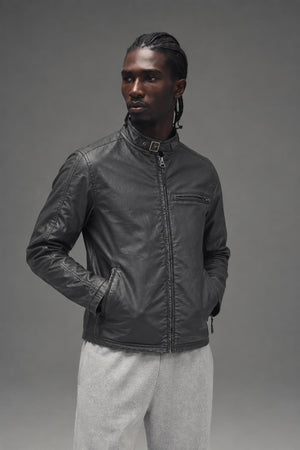 AI model photo - Schott NYC Cafe Racer Waxed Motorcycle Jacket Black Cotton 91414