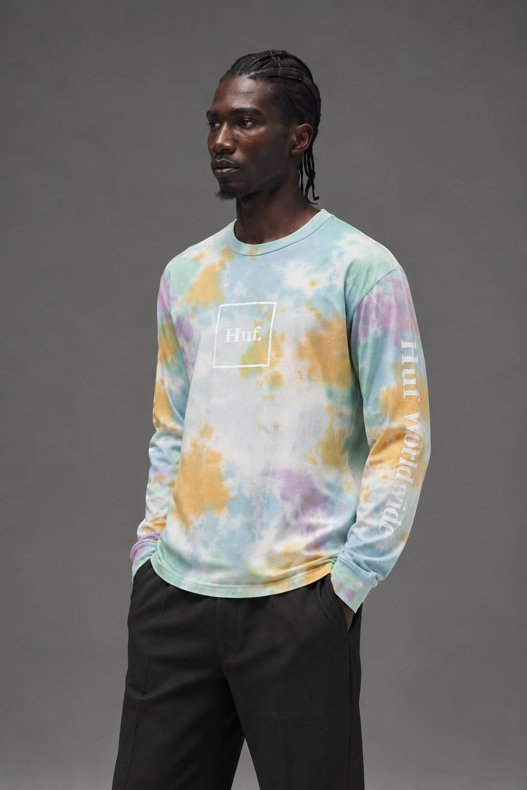 AI model photo - HUF Prism Wash Domestic Long Sleeve T-Shirt White TS01184