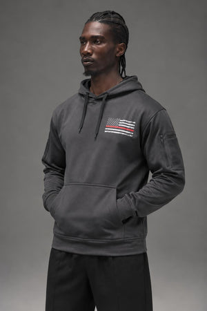 AI model photo - Rothco Thin Red Line Concealed Carry Hoodie Flag/Grey 2331 2332