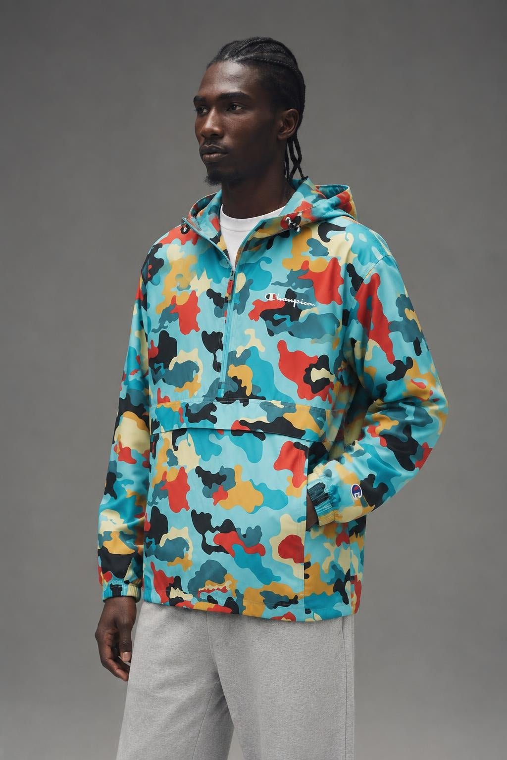 AI model photo - Champion Unisex Stadium Packable Jacket Abstract Camo Teal V1012P 549369 AM2J