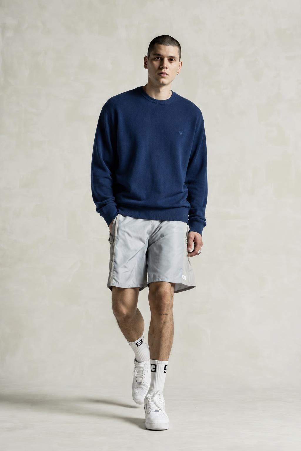 AI model photo - Calvin Klein Men's Supima Cotton Round Neck Mini CK Logo Knit Sweater Navy 40CP300 501 C2