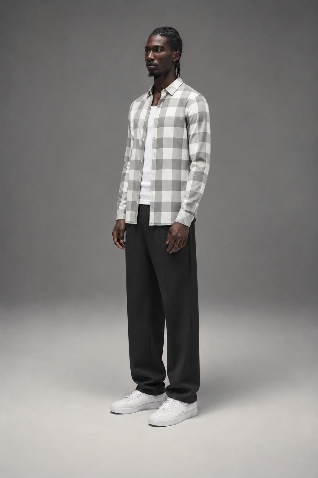 AI model photo - Tom Tailor Men's Melange Checked Shirt Titanium Grey 203128300