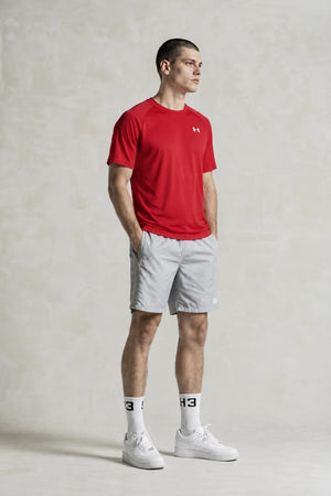 AI model photo - Under Armour Mens Tech Short Sleeve T-Shirt Red/White 1228539-600