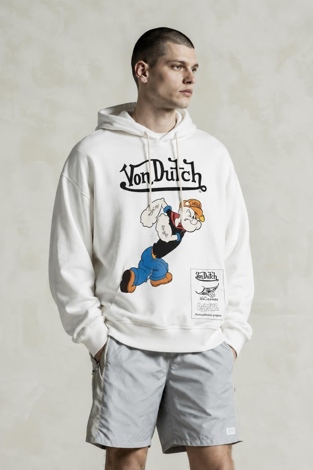 AI model photo - Von Dutch Mens Popeye Logo Cotton Fleece Hoodie Off White FM152V