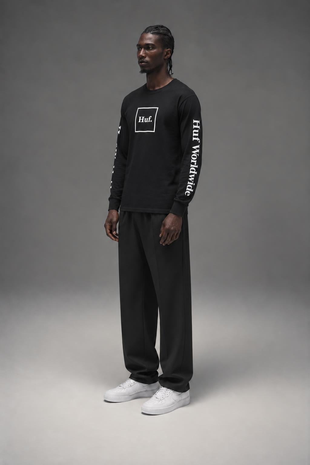 AI model photo - HUF Essentials Domestic L/S Tee Black TS00146