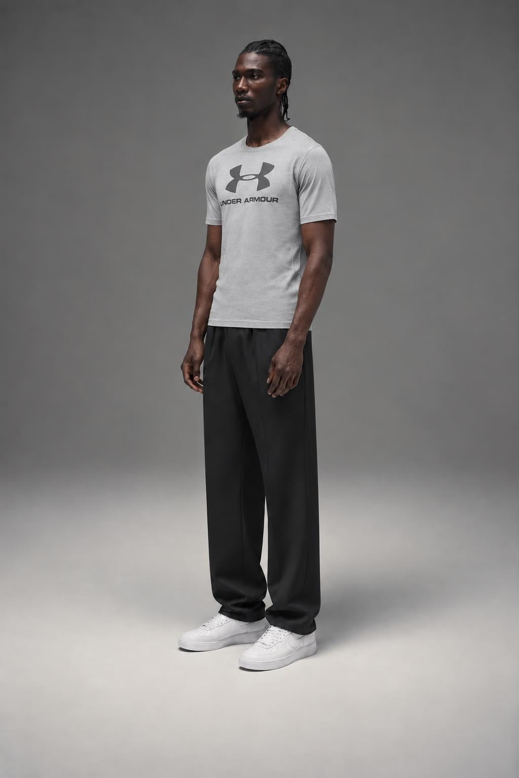AI model photo - Under Armour Mens Sportstyle Logo T-Shirt True Gray Heather/Black/Graphite 1257615-025