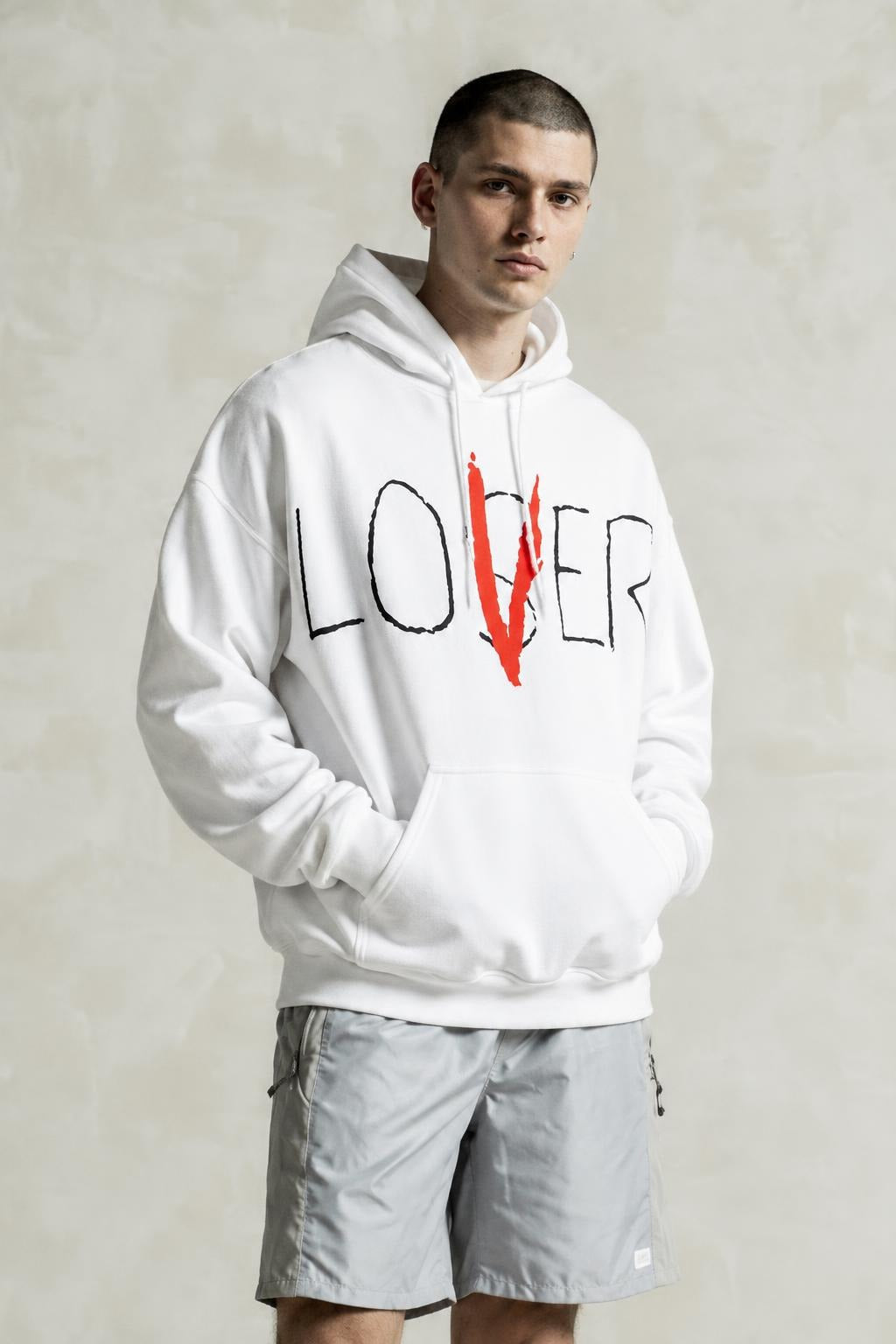 AI model photo - Urban Outfitters Men's Lover Loser Puff Print Hoodie Sweatshirt Wht/Blace 53416590 U1