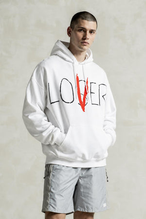 AI model photo - Urban Outfitters Men's Lover Loser Puff Print Hoodie Sweatshirt Wht/Blace 53416590 U1