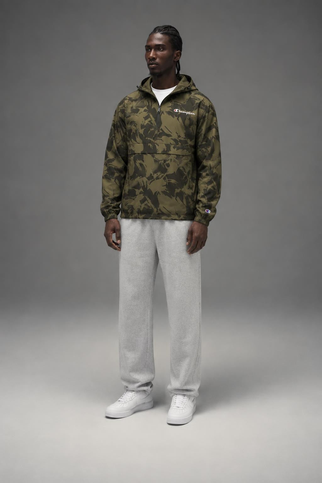 AI model photo - Champion Unisex Packable All Over Print Jacket Brushstroke Camo Cargo Olive/Army V1012P 549369