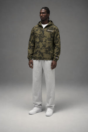 AI model photo - Champion Unisex Packable All Over Print Jacket Brushstroke Camo Cargo Olive/Army V1012P 549369