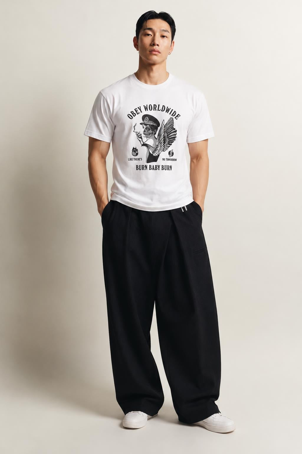 AI model photo - OBEY Burn Baby Burn Sustainable T-Shirt White 267291976