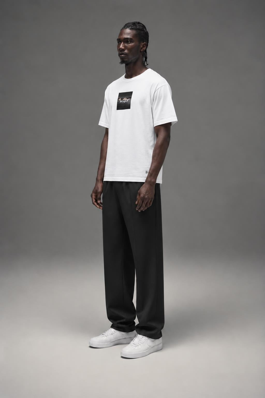 AI model photo - HUF Voyeur Logo Short Sleeve T-Shirt White TS01175