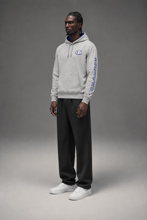 AI model photo - Champion Powerblend Fleece Graphic Hoodie Oxford Grey/Valiant Blue GF89H 586MLA AW4M