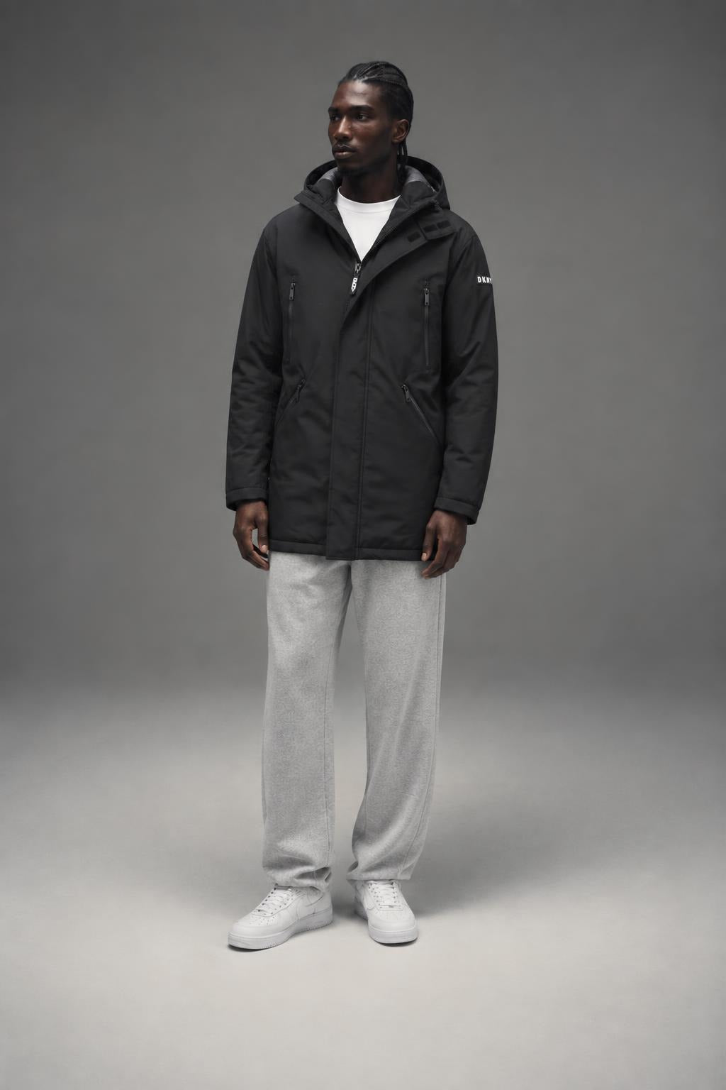 AI model photo - DKNY Men's Full Length Hooded Parka Black DX8OP195 K2