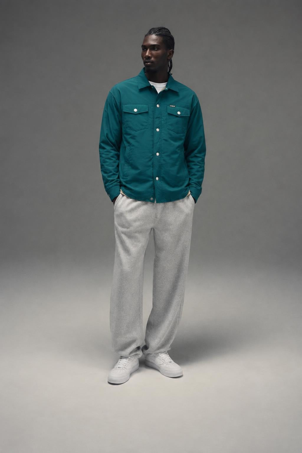 AI model photo - Deus ex machina Men's Alpine Paddede Overshirt Trek Green DMF226489