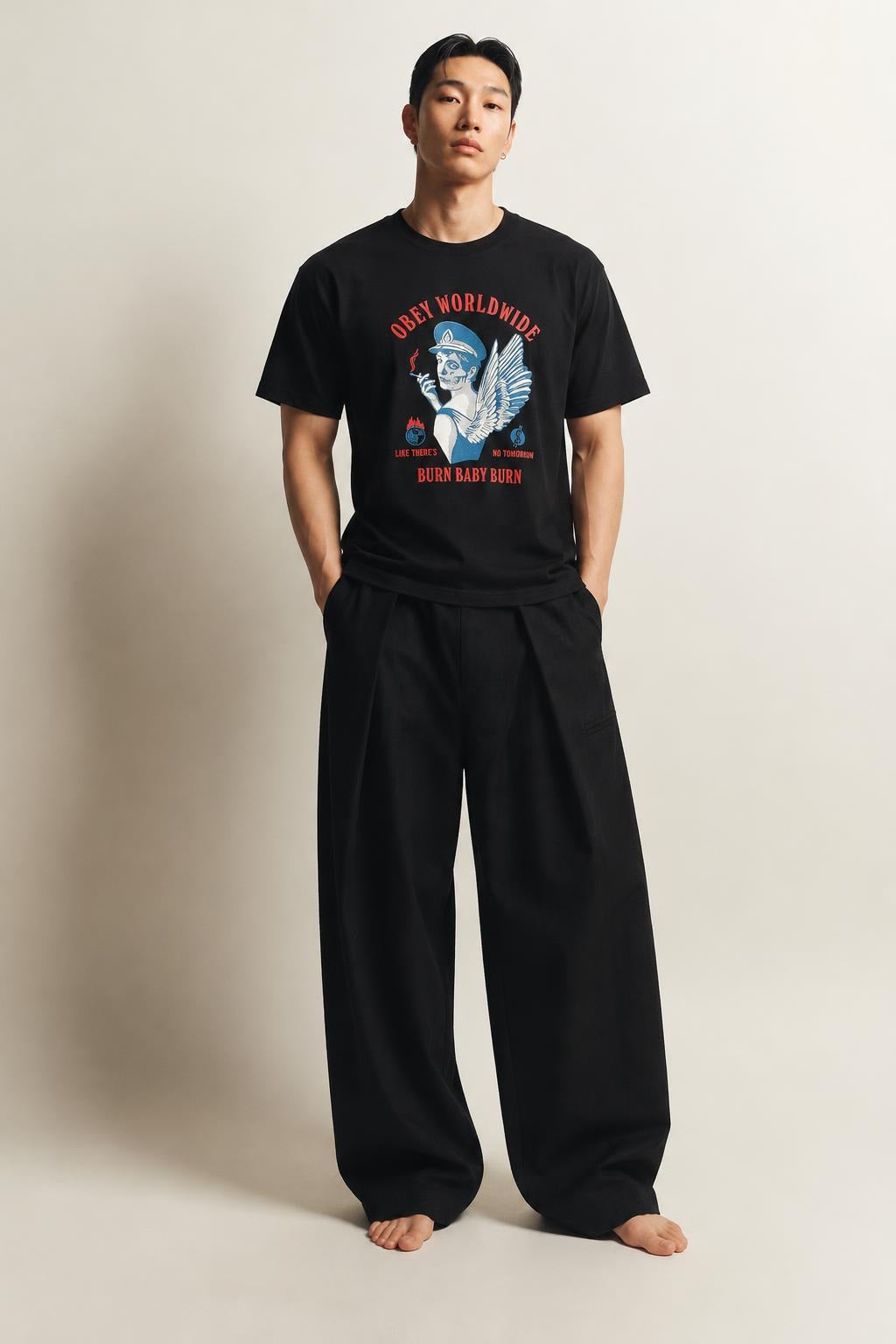 AI model photo - OBEY Burn Baby Burn Sustainable T-Shirt Black 267291976