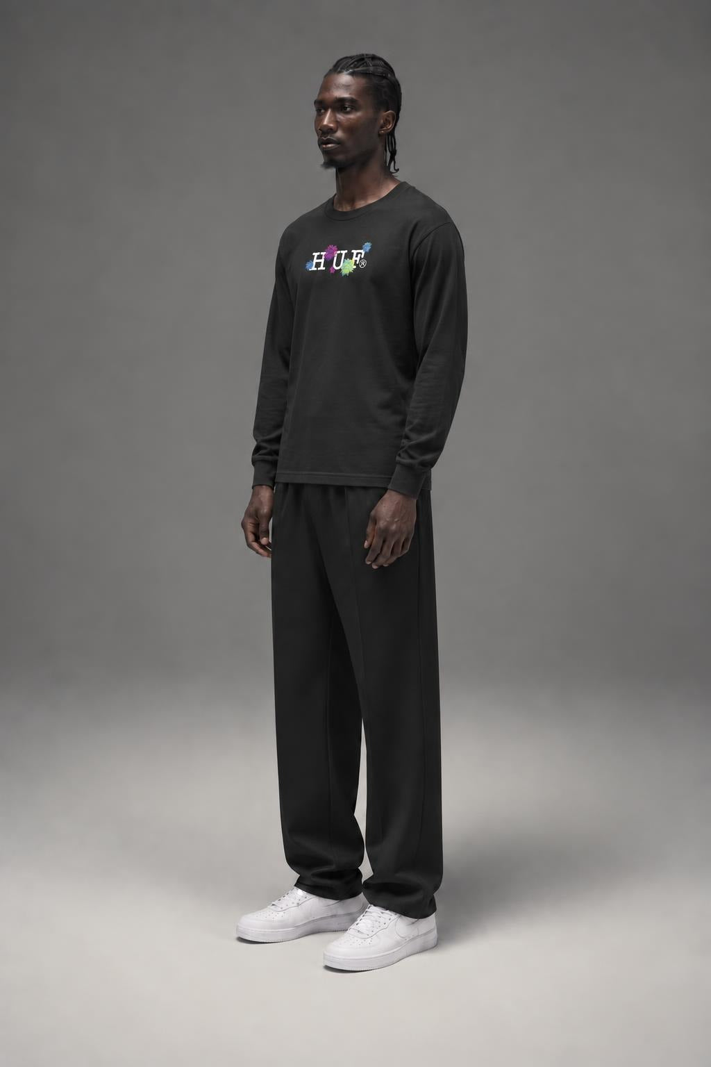 AI model photo - HUF Psycho Daisies Long Sleeve T-Shirt Black TS01158