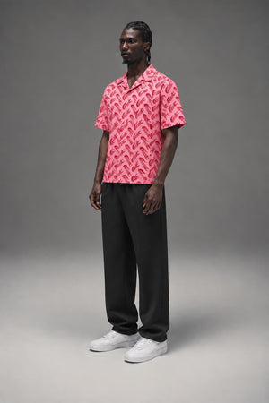 AI model photo - Lacoste Men's Short Sleeve Vintage Print Shirt Lighthouse Red/Reseda CH5793 AY1