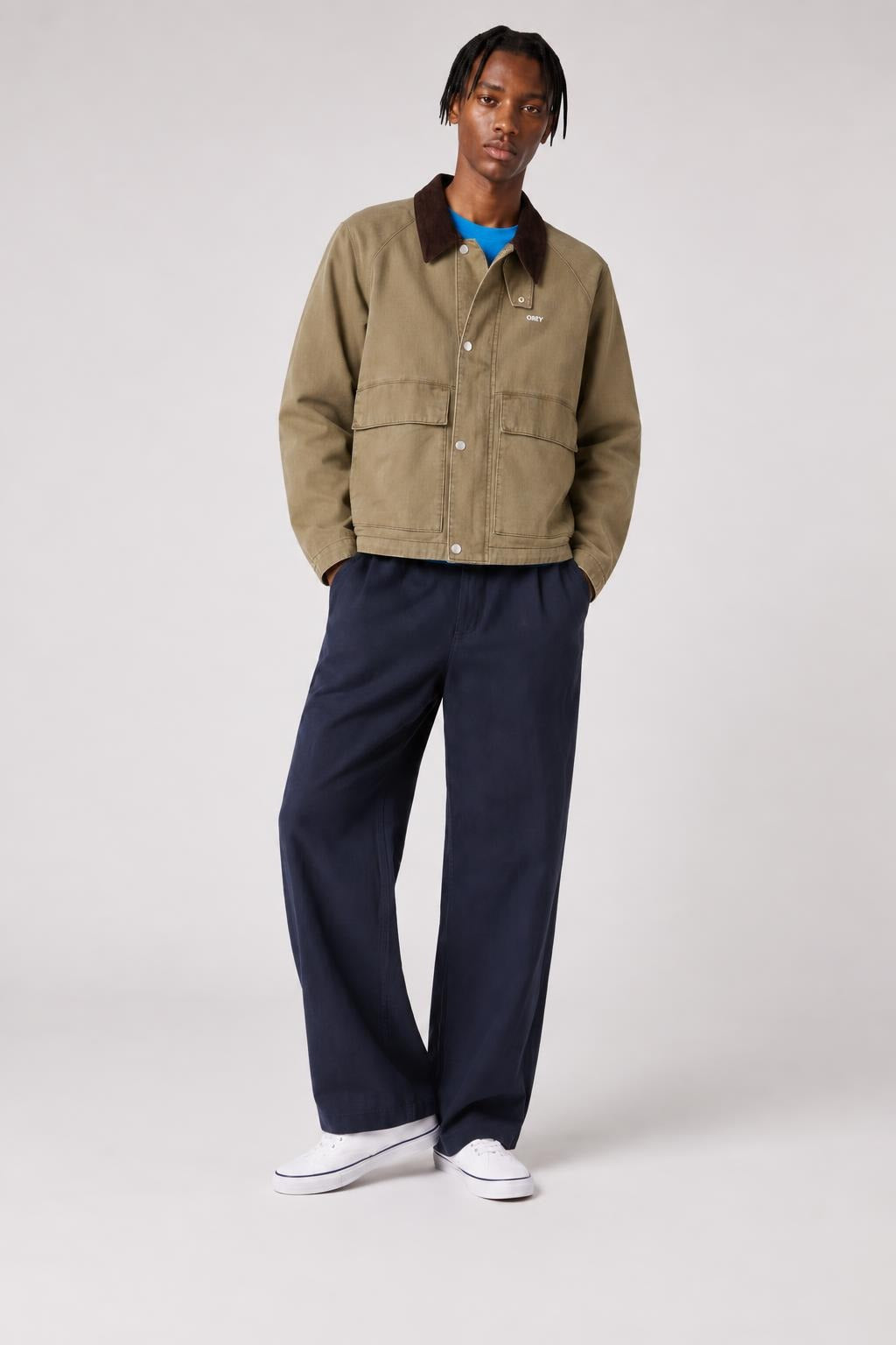 AI model photo - OBEY Caden Work Jacket Mermaid Faded Wash 121800596 MMD