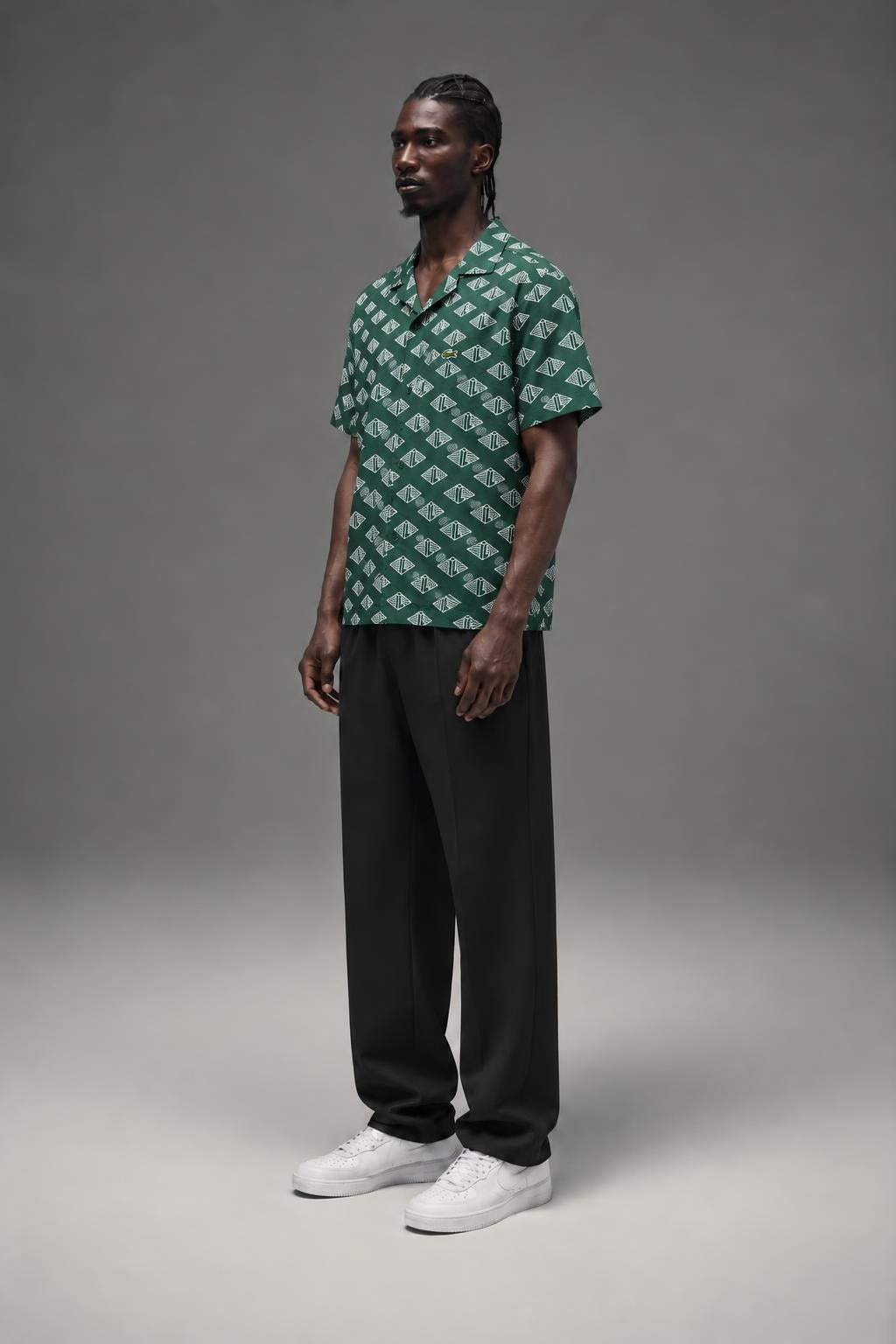 AI model photo - Lacoste Mens Short Sleeve Monogram Print Shirt Green/Flour CH7882 YRR