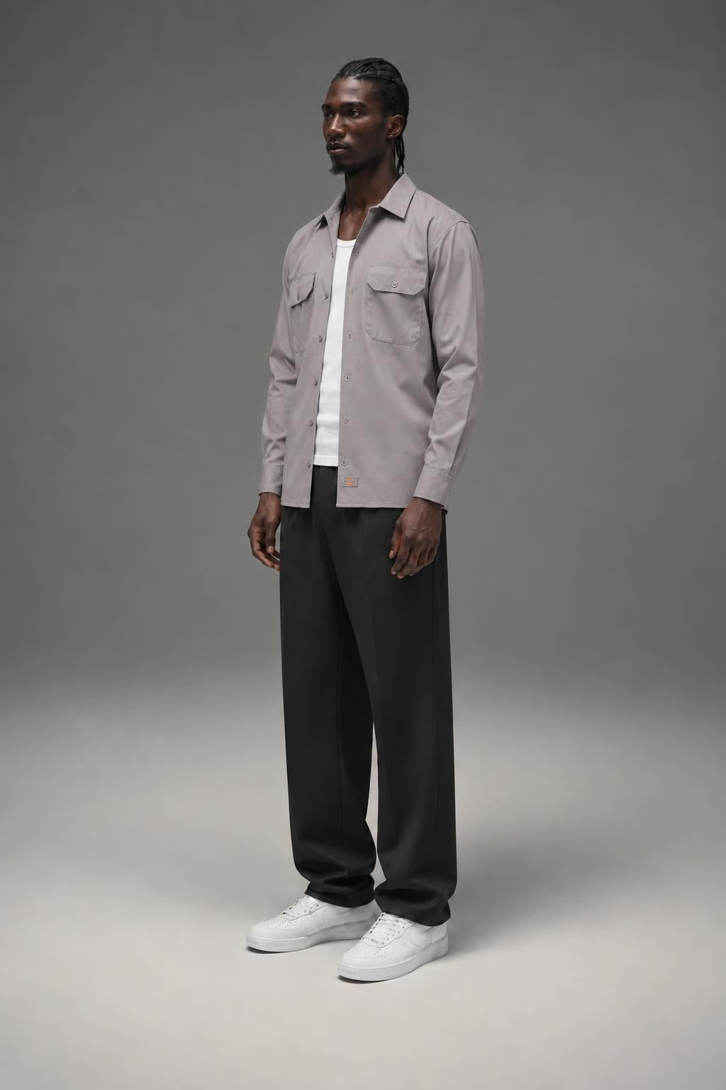 AI model photo - Dickies Men's Long Sleeve Work Shirt Silver 574SV