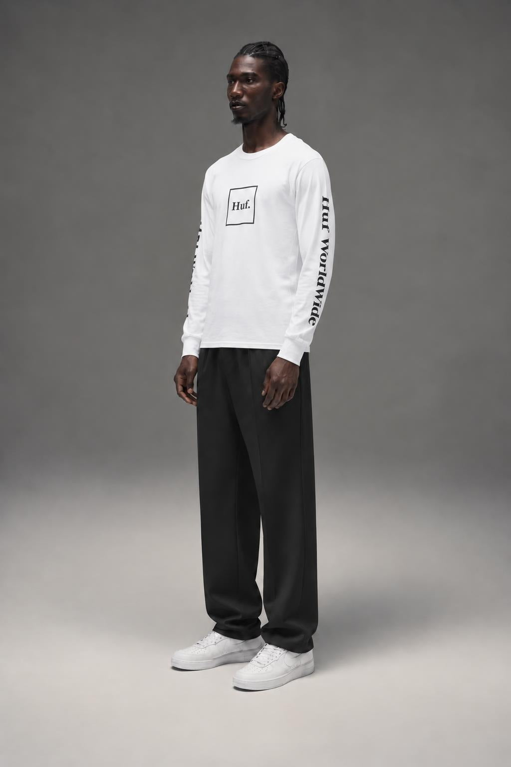 AI model photo - HUF Essentials Domestic L/S Tee White TS00146