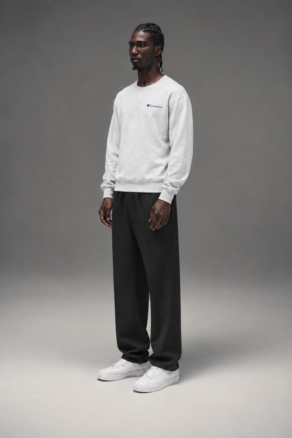 AI model photo - Champion Powerblend Fleece Crew Script Logo Oatmeal Heather GF88H Y08160 K74